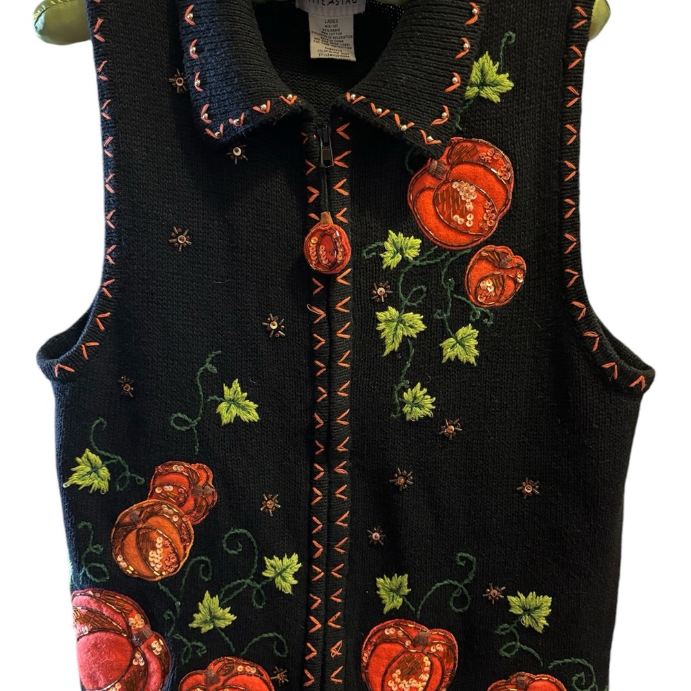 Vintage 90’s Halloween Pumpkin Sweater Vest Embroidered By White Stag